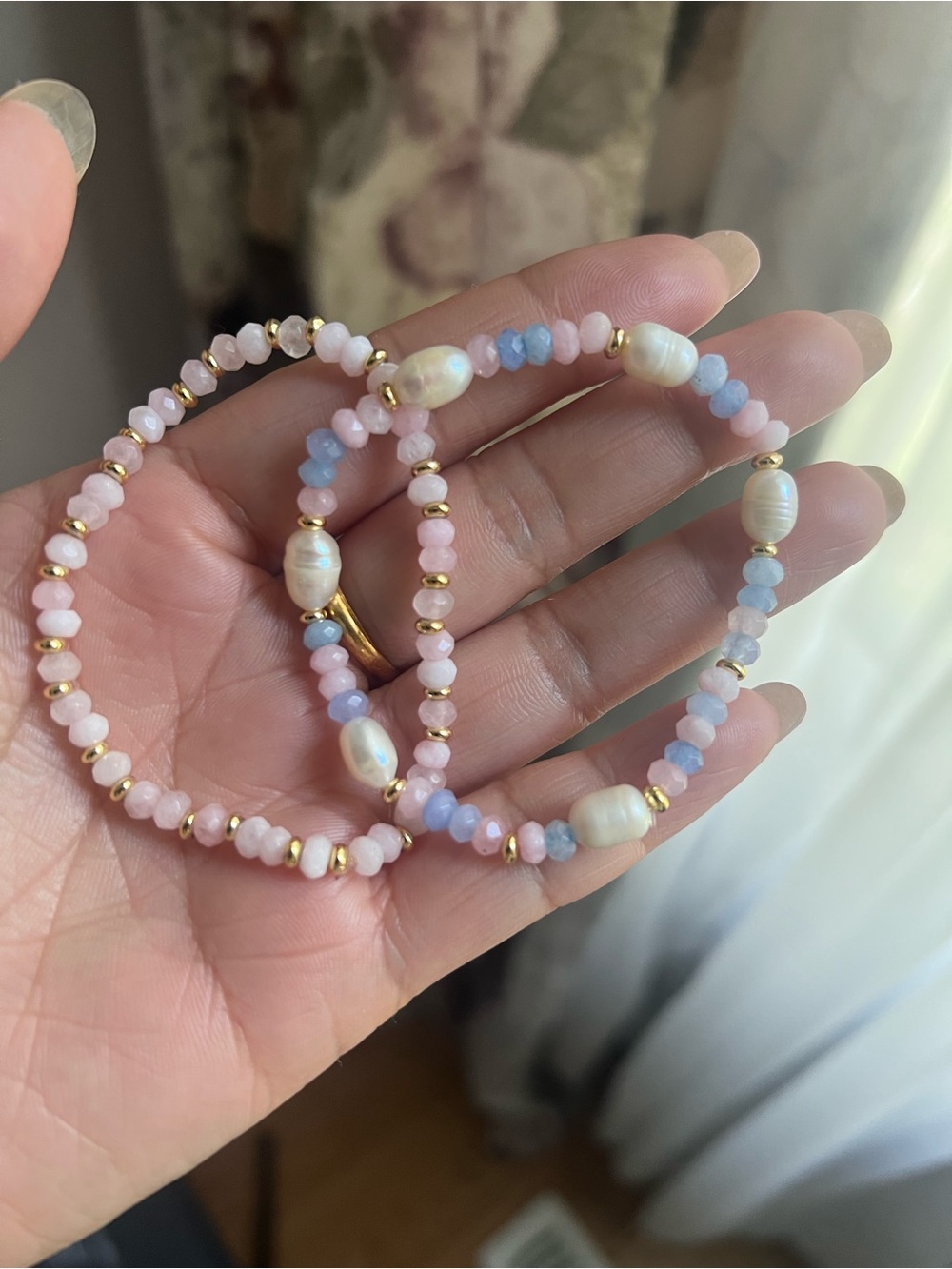 Delicate Pink Quartz & Blue Aquamarine & Pearl Bead Stretch Bracelet Set